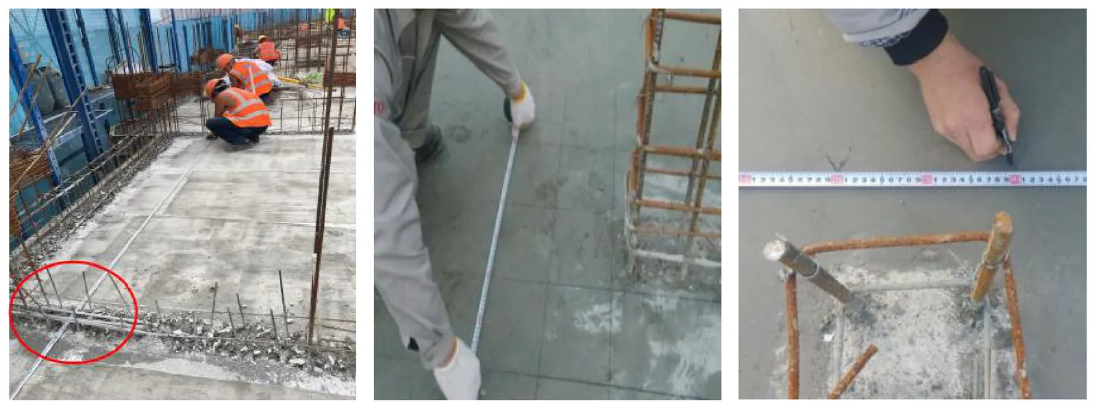 Từ trái sang: kéo thước định vị; đánh dấu “sừng dê”; đường định vị và đường khống chế trên mặt sàn.