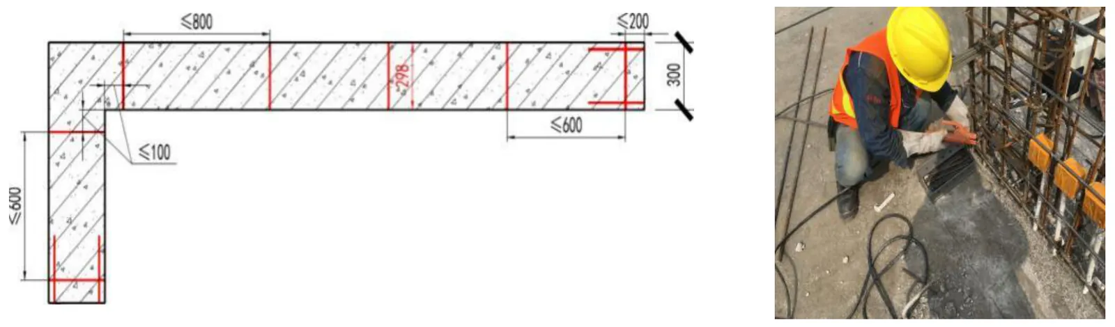 Hình 1 – bố trí thép cữ định vị. Hình 2 – hàn thép cữ tại hiện trường.